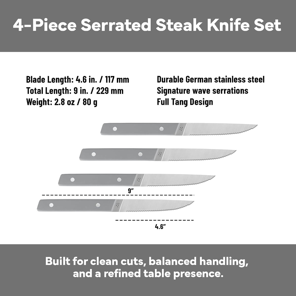 Steak Knives Set of 4 - Precision Serrated Blades for Effortless Dining - Stainless Steel - Superior Cuts with Four Steak Knives Handles - Black