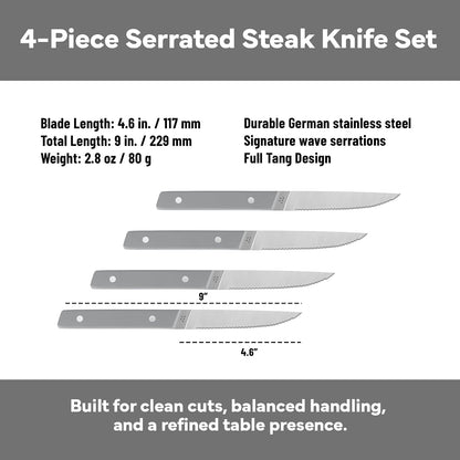 Steak Knives Set of 4 - Precision Serrated Blades for Effortless Dining - Stainless Steel - Superior Cuts with Four Steak Knives Handles - Black