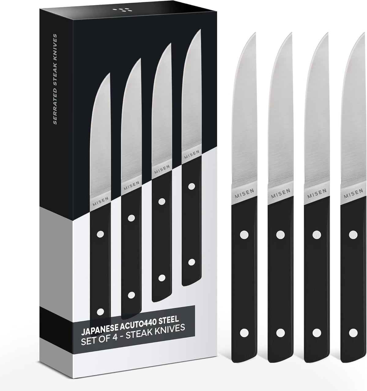 Steak Knives Set of 4 - Precision Serrated Blades for Effortless Dining - Stainless Steel - Superior Cuts with Four Steak Knives Handles - Black