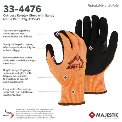 Majestic Cut-Less Korplex Glove with Sandy Nitrile Palm | 12 Pair - MED | 13 Gauge Liner, ANSI A9, Extreme Cut Resistance, Breathable, Gray/Black | for Automotive, Industrial, Manufacturing | 35-7675