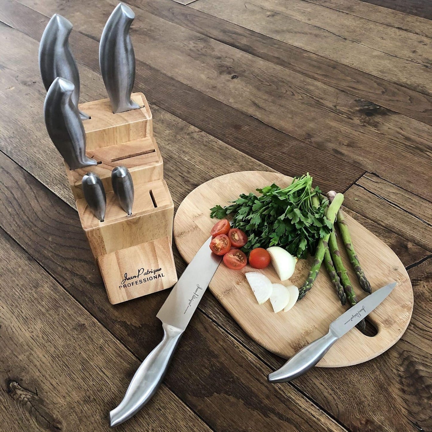 Jean-Patrique Chopaholic Kitchen Knife Set with Block - All Purpose Collection & Wooden Stand - Utility, Paring, Serrated, Bread, Slicing Knives - Sharp & Dishwasher Safe