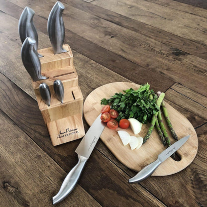 Jean-Patrique Chopaholic Kitchen Knife Set with Block - All Purpose Collection & Wooden Stand - Utility, Paring, Serrated, Bread, Slicing Knives - Sharp & Dishwasher Safe