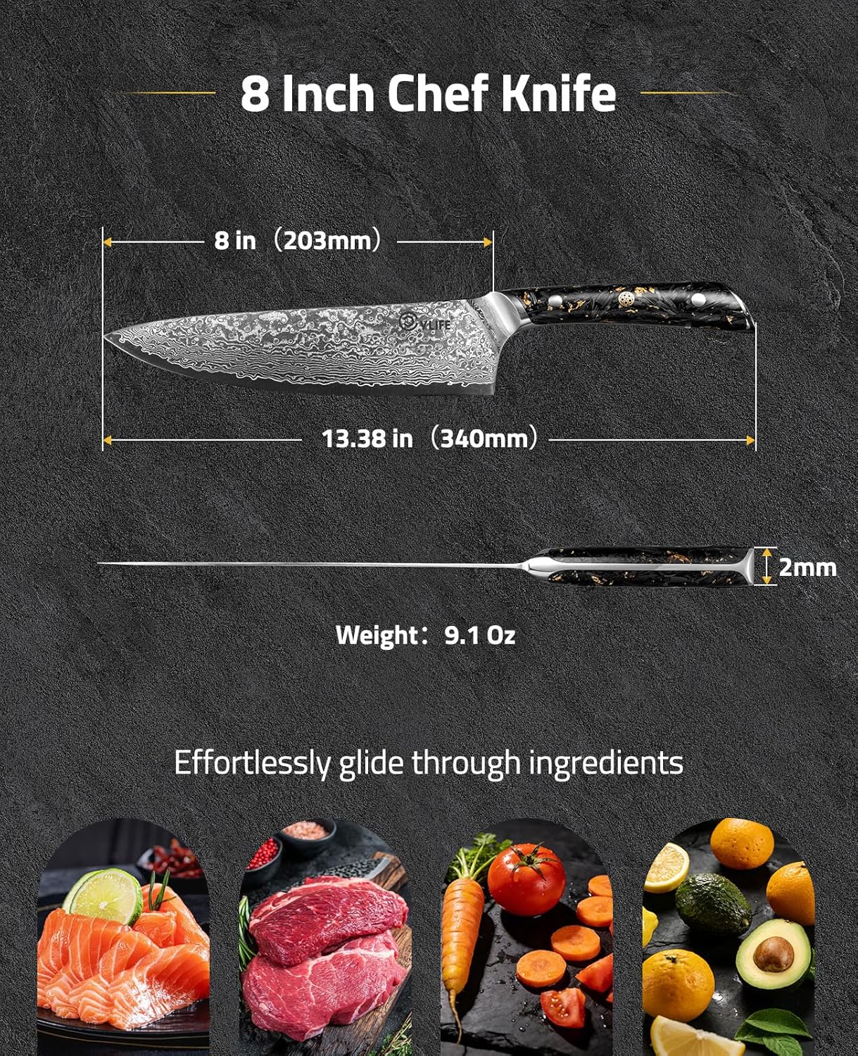 CVLIFE Chef Knife, 8 Inch Damascus Steel with Japanese High Carbon 10Cr15Mov Core, Full Tang Ergonomic Handle for Balance & Control, Razor Sharp Kitchen Utility Knife for Cooking with Sheath & Box