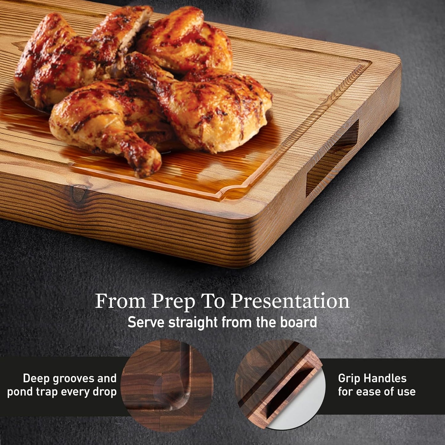 Cutting Board for Kitchen – Wood Cutting Board, Non Toxic Butcher Block, Cutting Boards with Juice Groove & Handles, Charcuterie Board – 11" x 17" x 1.75" (Pyrowood)