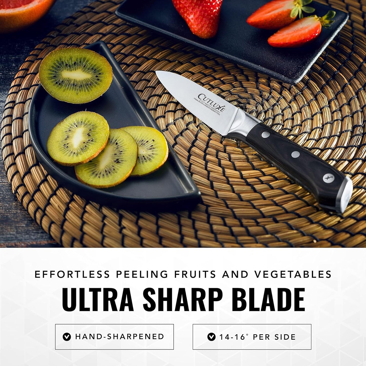 Cutluxe Paring Knife, 3.5" Small Kitchen Peeling Knife with Razor Sharp Blade – High Carbon German Steel, Full Tang, Ergonomic Handle Design – Artisan Series
