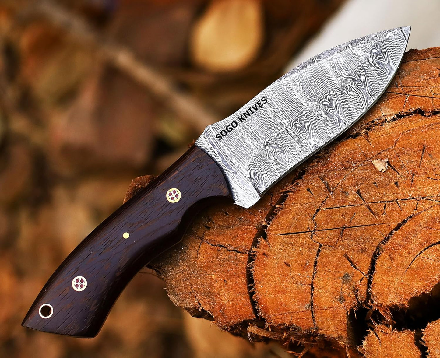 Fixed Blade Damascus Steel Hunting Knife with Leather Sheath, 9'' Full Tang Hunting Skinning,Non-Slip Wooden Handle,Camping Knife (VENGI)
