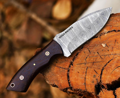 Fixed Blade Damascus Steel Hunting Knife with Leather Sheath, 9'' Full Tang Hunting Skinning,Non-Slip Wooden Handle,Camping Knife (VENGI)