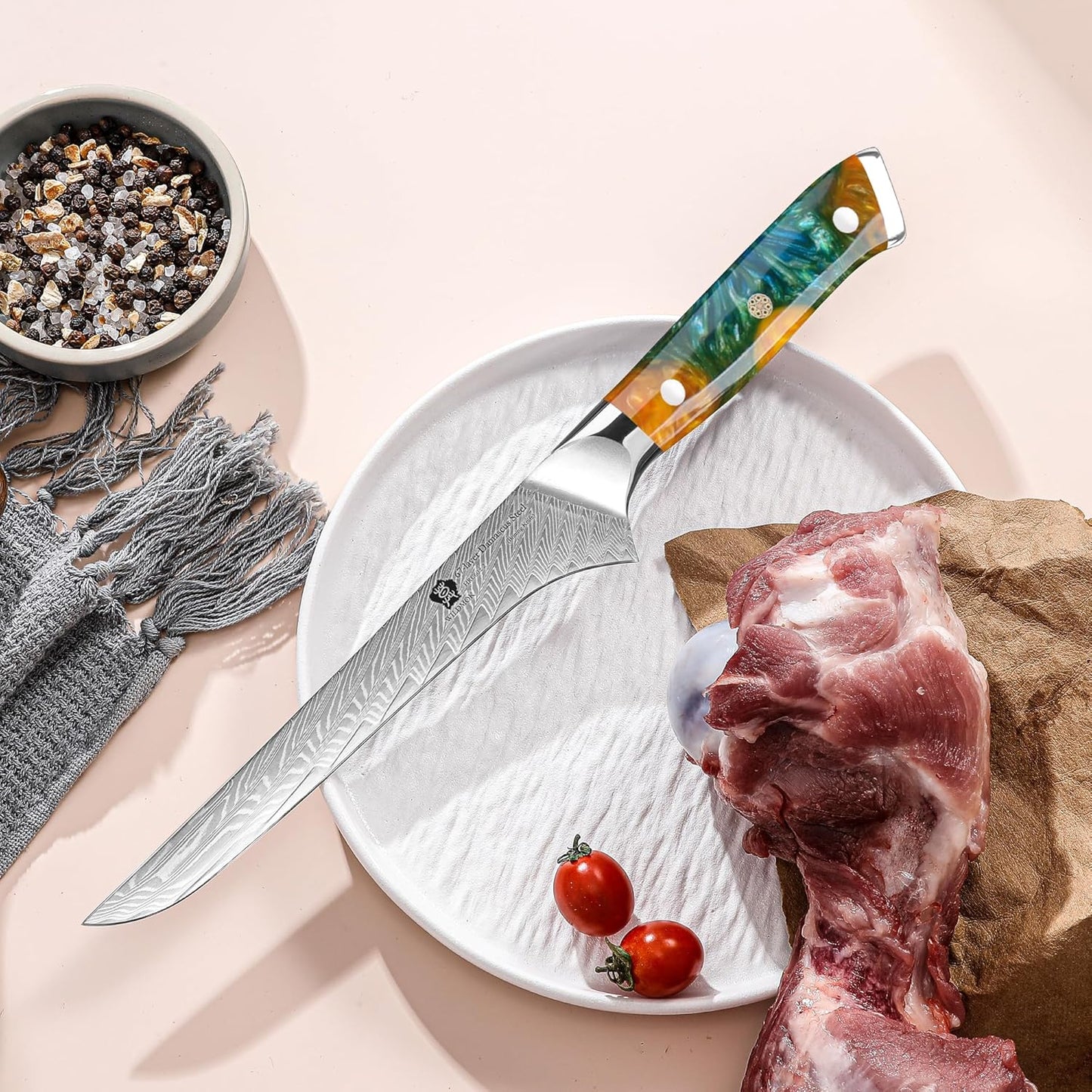 WILDMOK Damascus Boning Knife, 7 inch Super Sharp Fillet Knife, Japanese Damascus Steel, Full Tang Resin Handle, Includes Gift Box