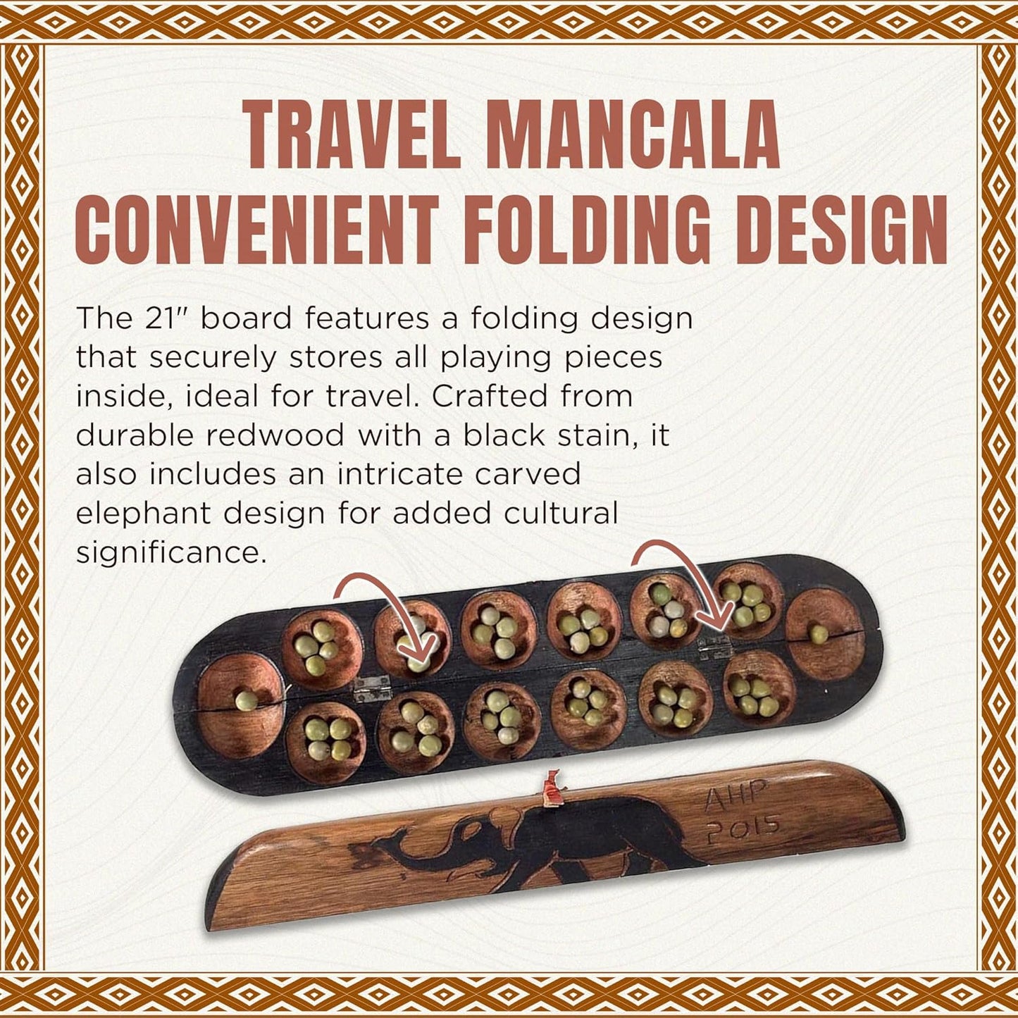Africa Heartwood Project African Oware Mancala Board - Extended Size, Hand-Carved Solid Wood with Elephant Design, Wooden Folding Mancala 21" Board, 48 Grey, Green Tear Seeds and Playing Instructions