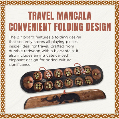 Africa Heartwood Project African Oware Mancala Board - Extended Size, Hand-Carved Solid Wood with Elephant Design, Wooden Folding Mancala 21" Board, 48 Grey, Green Tear Seeds and Playing Instructions