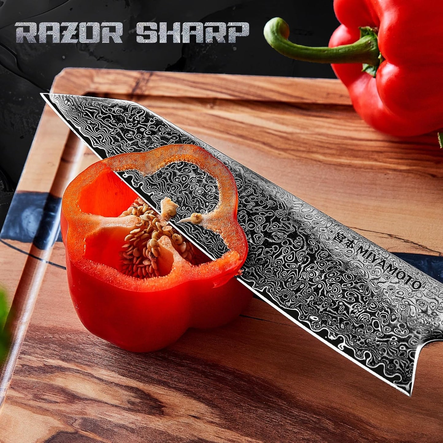 Miyamoto 8-Inch Japanese Damascus Chef Knife, 67-Layer Steel, Ultra-Sharp High Carbon Blade with Resin Handle for Precision Chopping and Carving