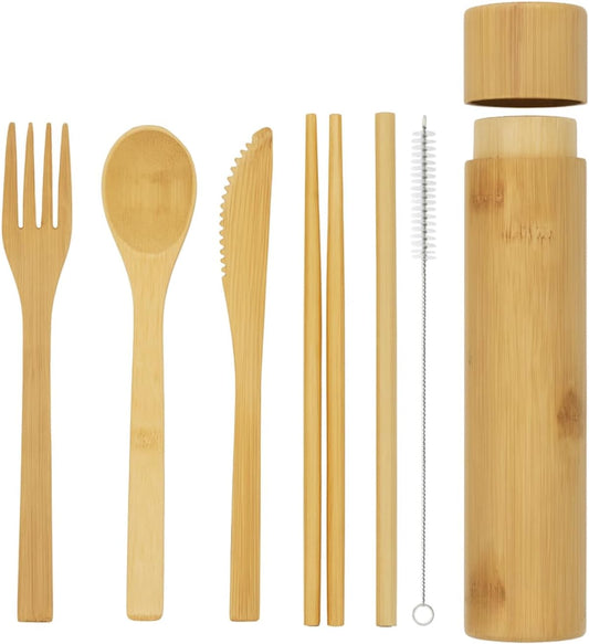 Eco-Friendly Travel Utensils Set: Lightweight Bamboo Forks, Spoons, Knives, Chopsticks, Straw in Wooden Case, Reusable Utensils for Lunch Box, Kids Camping Cutlery, Sustainable Portable Flatware
