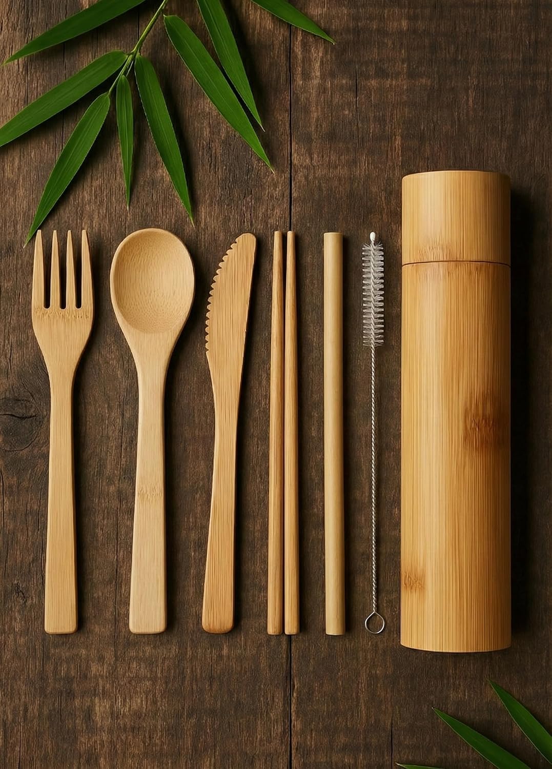 Eco-Friendly Travel Utensils Set: Lightweight Bamboo Forks, Spoons, Knives, Chopsticks, Straw in Wooden Case, Reusable Utensils for Lunch Box, Kids Camping Cutlery, Sustainable Portable Flatware