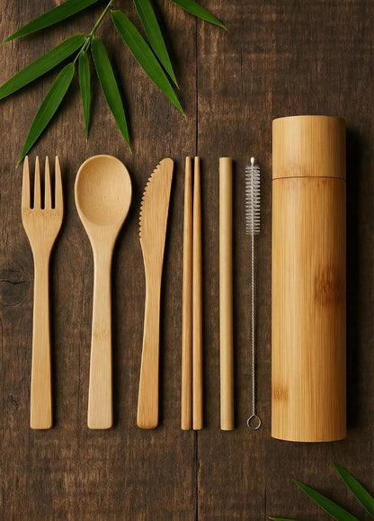 Eco-Friendly Travel Utensils Set: Lightweight Bamboo Forks, Spoons, Knives, Chopsticks, Straw in Wooden Case, Reusable Utensils for Lunch Box, Kids Camping Cutlery, Sustainable Portable Flatware