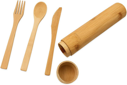 Eco-Friendly Travel Utensils Set: Lightweight Bamboo Forks, Spoons, Knives, Chopsticks, Straw in Wooden Case, Reusable Utensils for Lunch Box, Kids Camping Cutlery, Sustainable Portable Flatware
