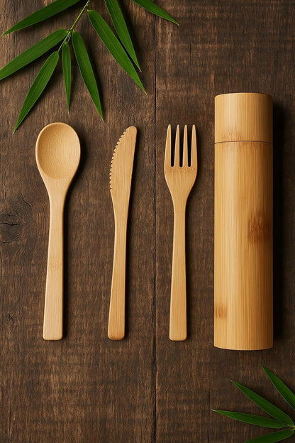 Eco-Friendly Travel Utensils Set: Lightweight Bamboo Forks, Spoons, Knives, Chopsticks, Straw in Wooden Case, Reusable Utensils for Lunch Box, Kids Camping Cutlery, Sustainable Portable Flatware