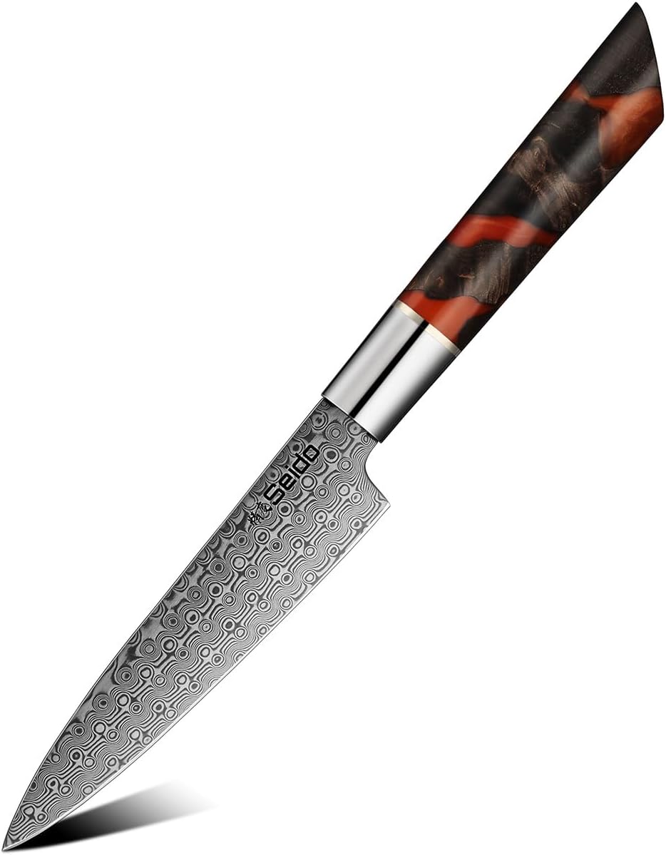 Seido Shinko 5 Inch Petty Utility Knife, Damascus Maple Resin Handle | Damascus petty knife with maple resin handle for trimming, peeling, small prep, garnish work, and precision cuts.