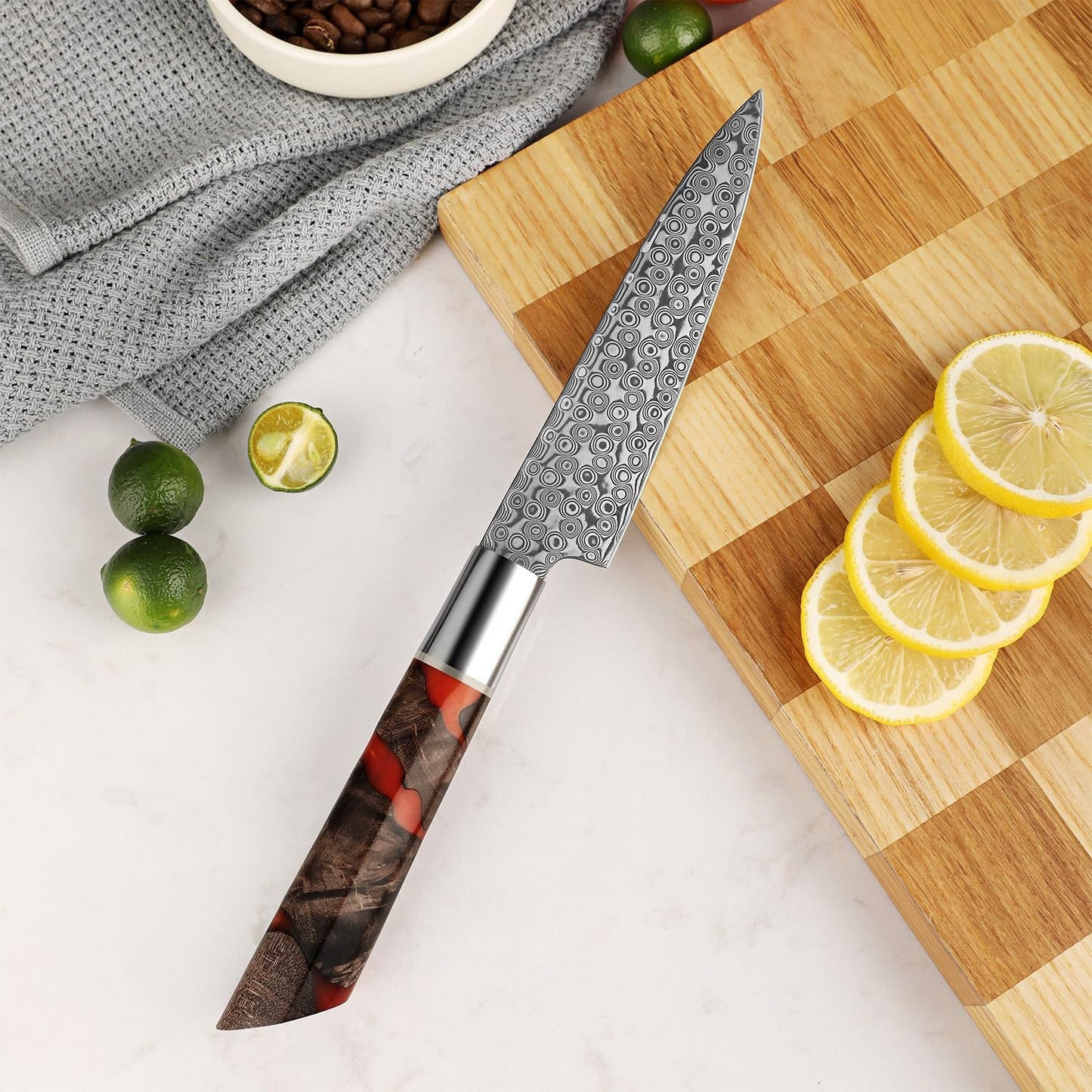 Seido Shinko 5 Inch Petty Utility Knife, Damascus Maple Resin Handle | Damascus petty knife with maple resin handle for trimming, peeling, small prep, garnish work, and precision cuts.