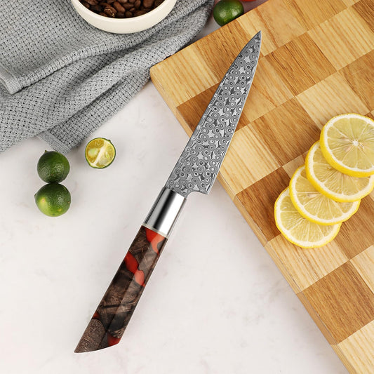 Seido Shinko 5 Inch Petty Utility Knife, Damascus Maple Resin Handle | Damascus petty knife with maple resin handle for trimming, peeling, small prep, garnish work, and precision cuts.