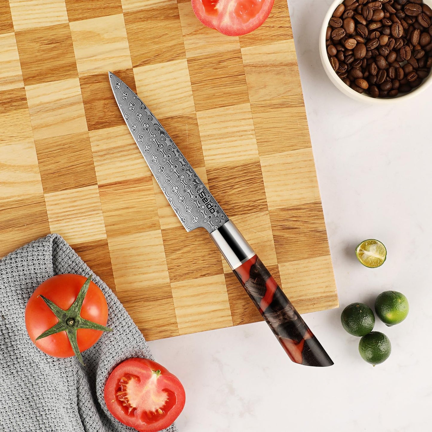Seido Shinko 5 Inch Petty Utility Knife, Damascus Maple Resin Handle | Damascus petty knife with maple resin handle for trimming, peeling, small prep, garnish work, and precision cuts.