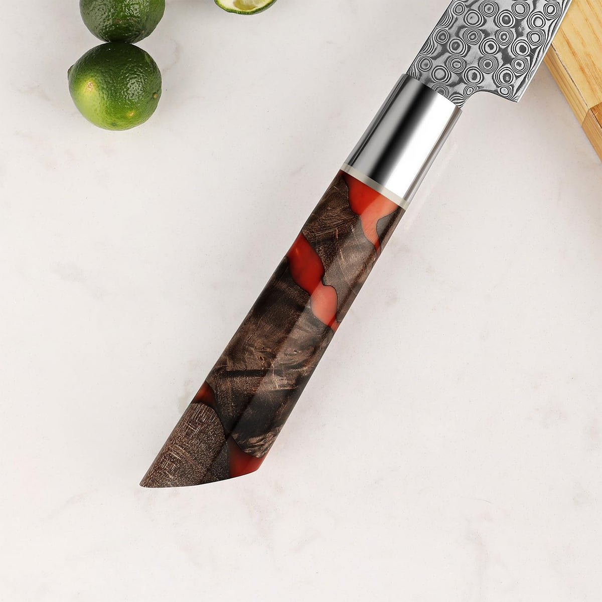 Seido Shinko 5 Inch Petty Utility Knife, Damascus Maple Resin Handle | Damascus petty knife with maple resin handle for trimming, peeling, small prep, garnish work, and precision cuts.