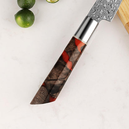 Seido Shinko 5 Inch Petty Utility Knife, Damascus Maple Resin Handle | Damascus petty knife with maple resin handle for trimming, peeling, small prep, garnish work, and precision cuts.