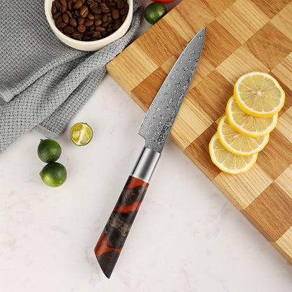 Seido Shinko 5 Inch Petty Utility Knife, Damascus Maple Resin Handle | Damascus petty knife with maple resin handle for trimming, peeling, small prep, garnish work, and precision cuts.