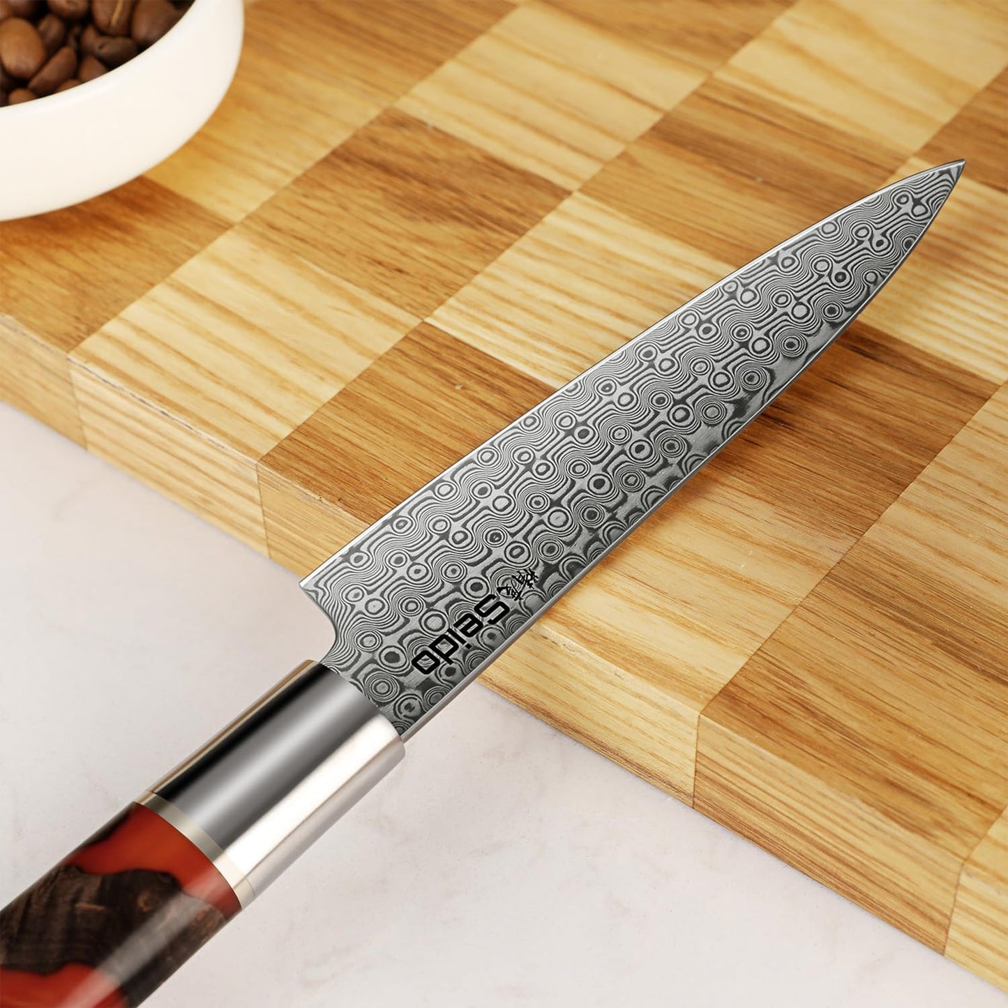 Seido Shinko 5 Inch Petty Utility Knife, Damascus Maple Resin Handle | Damascus petty knife with maple resin handle for trimming, peeling, small prep, garnish work, and precision cuts.