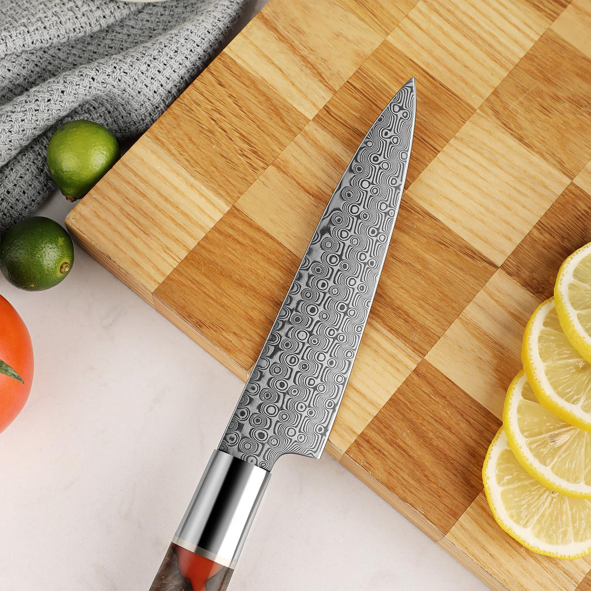 Seido Shinko 5 Inch Petty Utility Knife, Damascus Maple Resin Handle | Damascus petty knife with maple resin handle for trimming, peeling, small prep, garnish work, and precision cuts.