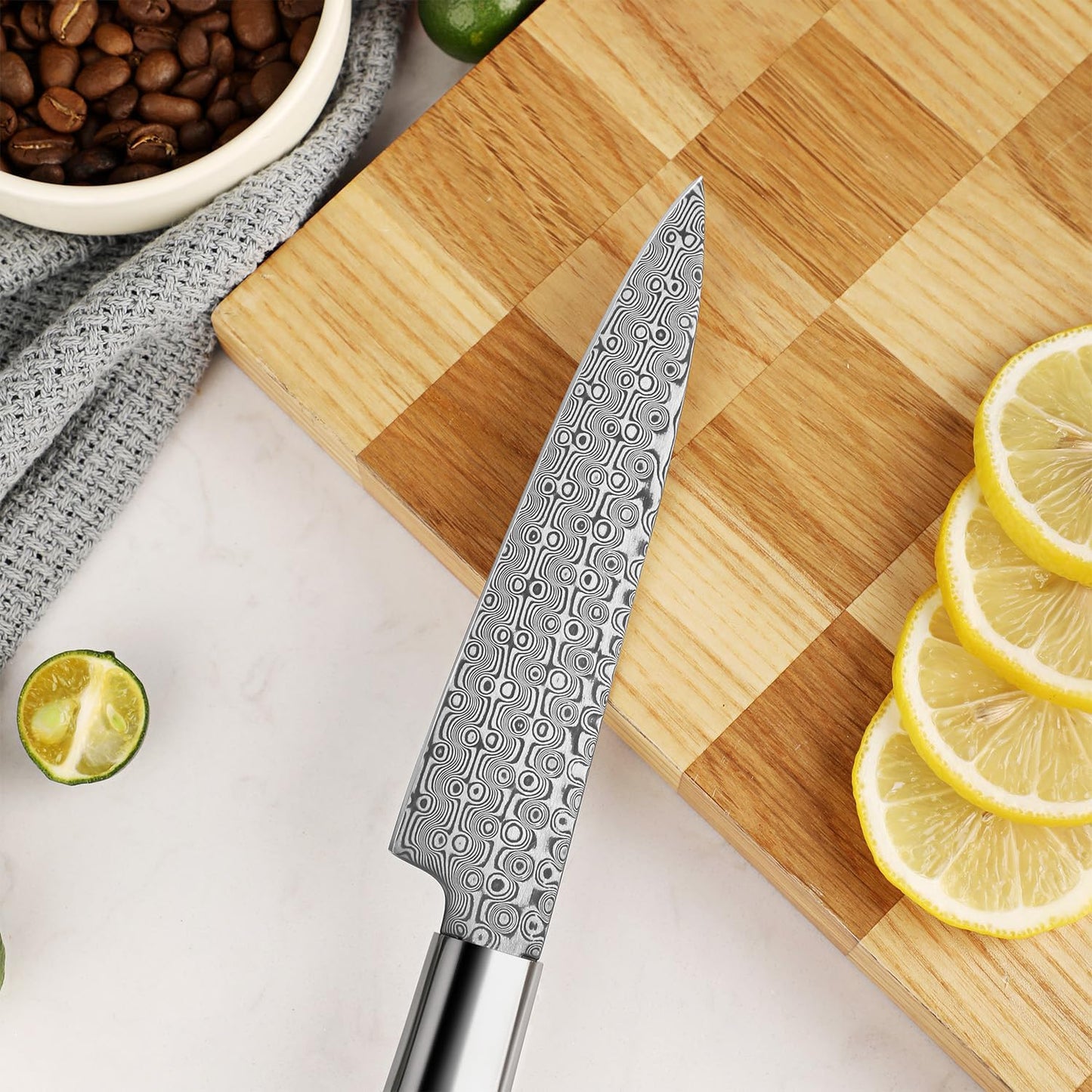 Seido Shinko 5 Inch Petty Utility Knife, Damascus Maple Resin Handle | Damascus petty knife with maple resin handle for trimming, peeling, small prep, garnish work, and precision cuts.
