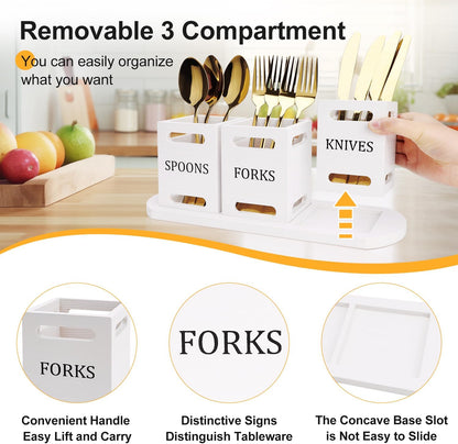 Wooden Flatware Silverware Caddy for Party Cutlery Utensil Holder Counter | Wood Silverware Organizer Countertop Knife Fork and Spoon Holder Table Utensil Caddy Basket White Kitchen Decor Accessories