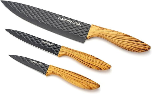 3-Piece Graphene Knife Set, 8" Chef Knife, 5" Utility Knife, 3.5" Paring Knife, High Carbon Stainless Steel, Nonstick Graphene Coating, Ergonomic Wood-Grain Handle, Black