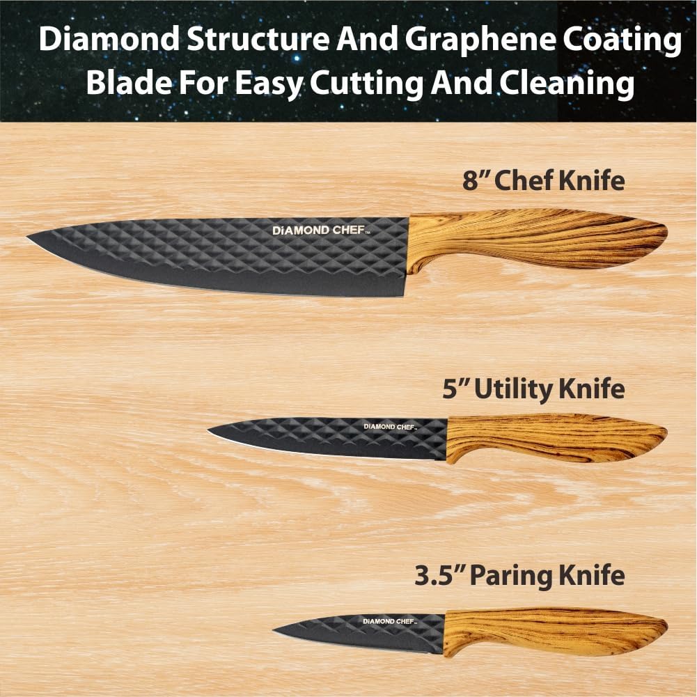 3-Piece Graphene Knife Set, 8" Chef Knife, 5" Utility Knife, 3.5" Paring Knife, High Carbon Stainless Steel, Nonstick Graphene Coating, Ergonomic Wood-Grain Handle, Black