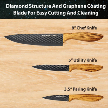 3-Piece Graphene Knife Set, 8" Chef Knife, 5" Utility Knife, 3.5" Paring Knife, High Carbon Stainless Steel, Nonstick Graphene Coating, Ergonomic Wood-Grain Handle, Black