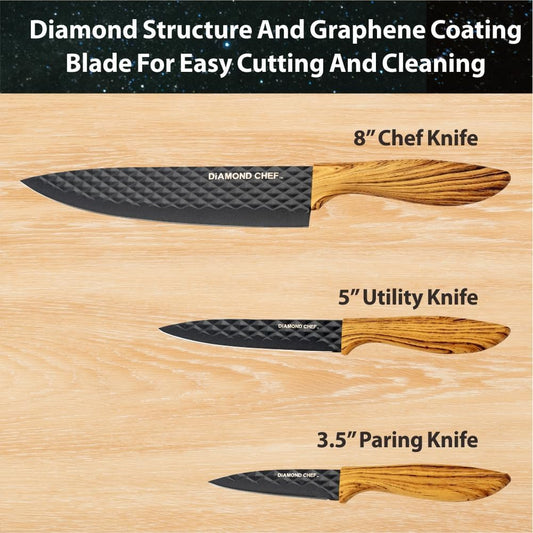 3-Piece Graphene Knife Set, 8" Chef Knife, 5" Utility Knife, 3.5" Paring Knife, High Carbon Stainless Steel, Nonstick Graphene Coating, Ergonomic Wood-Grain Handle, Black