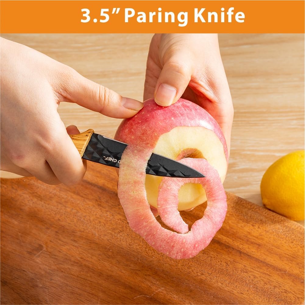 3-Piece Graphene Knife Set, 8" Chef Knife, 5" Utility Knife, 3.5" Paring Knife, High Carbon Stainless Steel, Nonstick Graphene Coating, Ergonomic Wood-Grain Handle, Black
