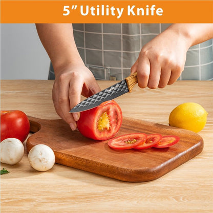 3-Piece Graphene Knife Set, 8" Chef Knife, 5" Utility Knife, 3.5" Paring Knife, High Carbon Stainless Steel, Nonstick Graphene Coating, Ergonomic Wood-Grain Handle, Black