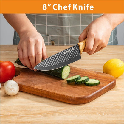 3-Piece Graphene Knife Set, 8" Chef Knife, 5" Utility Knife, 3.5" Paring Knife, High Carbon Stainless Steel, Nonstick Graphene Coating, Ergonomic Wood-Grain Handle, Black