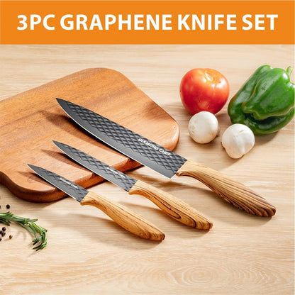 3-Piece Graphene Knife Set, 8" Chef Knife, 5" Utility Knife, 3.5" Paring Knife, High Carbon Stainless Steel, Nonstick Graphene Coating, Ergonomic Wood-Grain Handle, Black