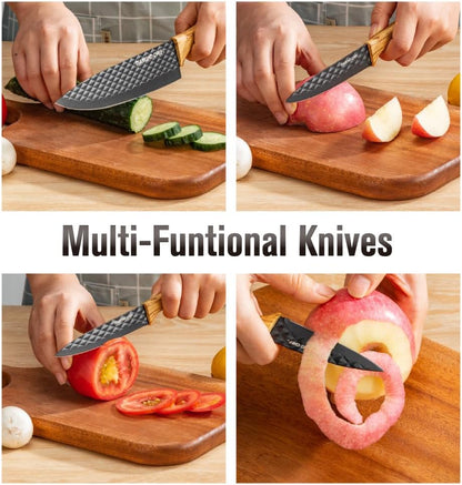 3-Piece Graphene Knife Set, 8" Chef Knife, 5" Utility Knife, 3.5" Paring Knife, High Carbon Stainless Steel, Nonstick Graphene Coating, Ergonomic Wood-Grain Handle, Black