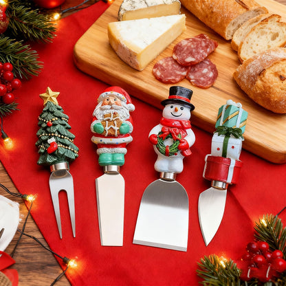 4-Piece Hand Christmas Resin Handles Cheese Knives, Xmas Charm Cheese Spreader Knife for Charcuterie Board Tools