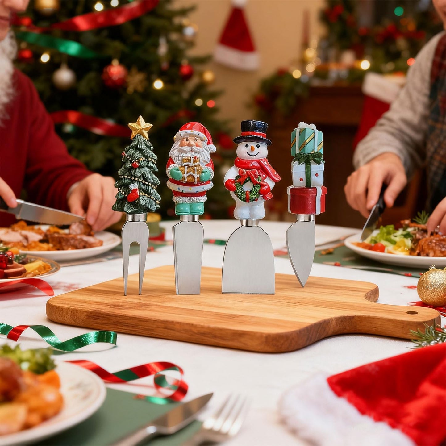 4-Piece Hand Christmas Resin Handles Cheese Knives, Xmas Charm Cheese Spreader Knife for Charcuterie Board Tools