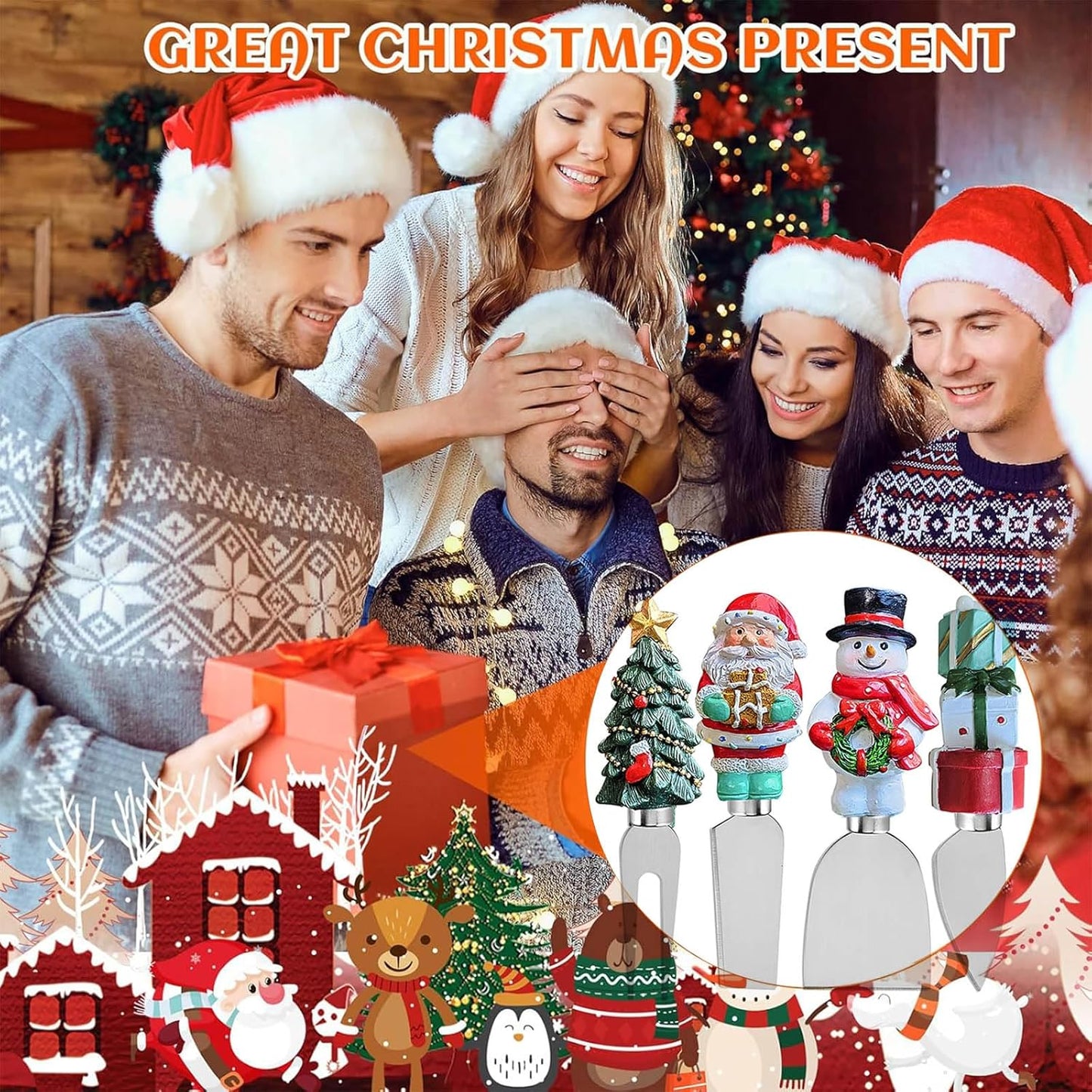 4-Piece Hand Christmas Resin Handles Cheese Knives, Xmas Charm Cheese Spreader Knife for Charcuterie Board Tools