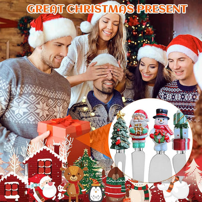 4-Piece Hand Christmas Resin Handles Cheese Knives, Xmas Charm Cheese Spreader Knife for Charcuterie Board Tools