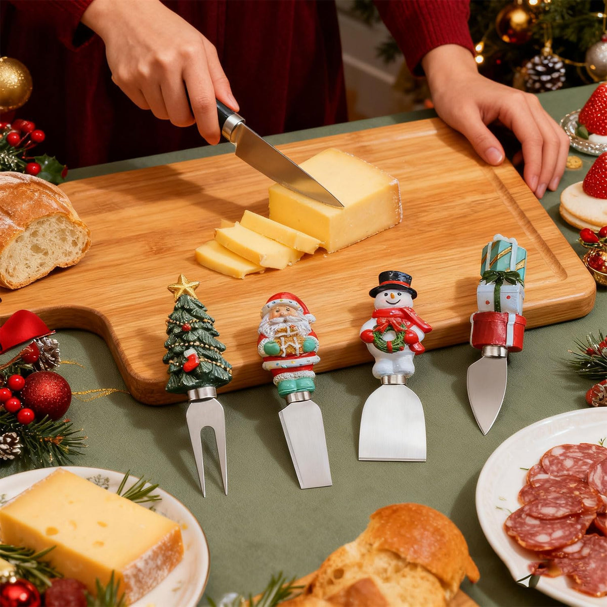 4-Piece Hand Christmas Resin Handles Cheese Knives, Xmas Charm Cheese Spreader Knife for Charcuterie Board Tools