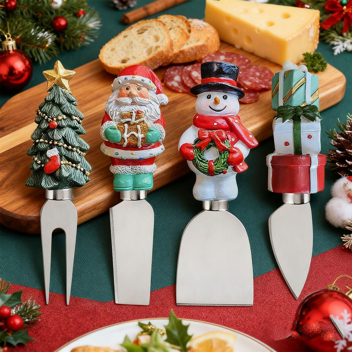 4-Piece Hand Christmas Resin Handles Cheese Knives, Xmas Charm Cheese Spreader Knife for Charcuterie Board Tools