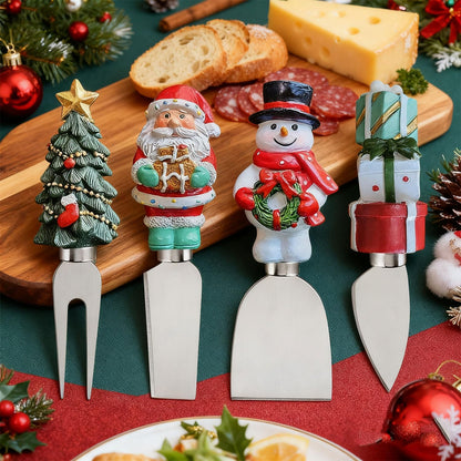 4-Piece Hand Christmas Resin Handles Cheese Knives, Xmas Charm Cheese Spreader Knife for Charcuterie Board Tools