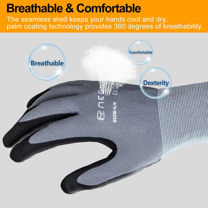 Safety Work Gloves MicroFoam Nitrile Coated-3/6/12/36 Pairs,Breathable Nylon Working Gloves for Men Women