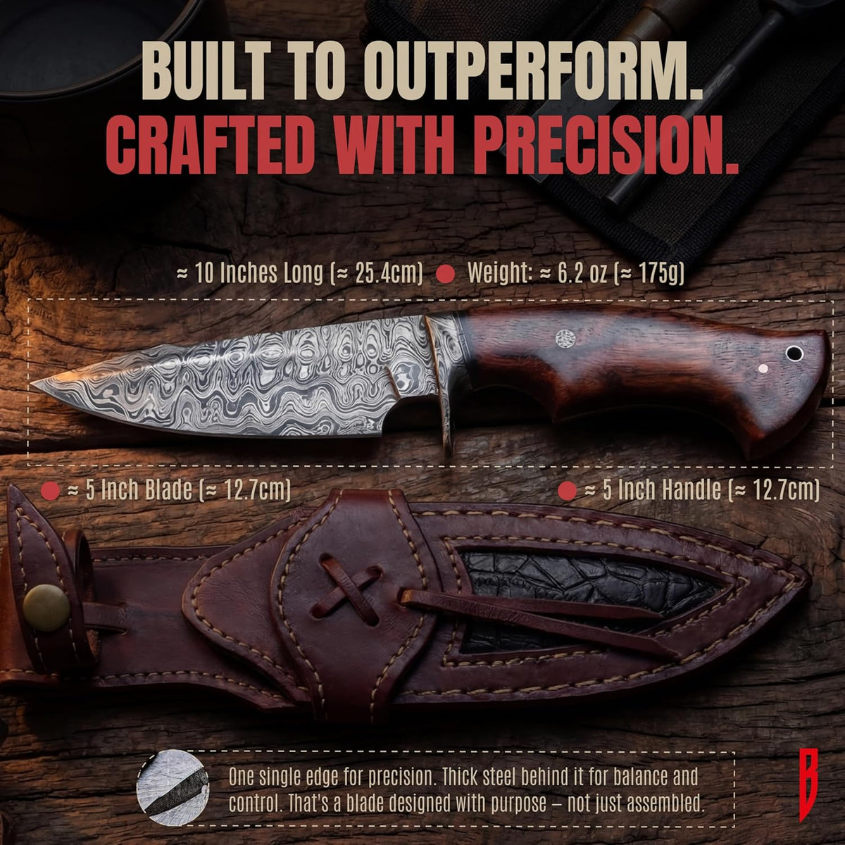 BIGCAT ROAR Predator Hunter - Patented Handmade Damascus Steel Fixed Blade Hunting Knife 10" - Walnut Wood Handle & Leather Sheath - Bushcraft Outdoor Skinning & Survival Knife - Collector Men Gifts