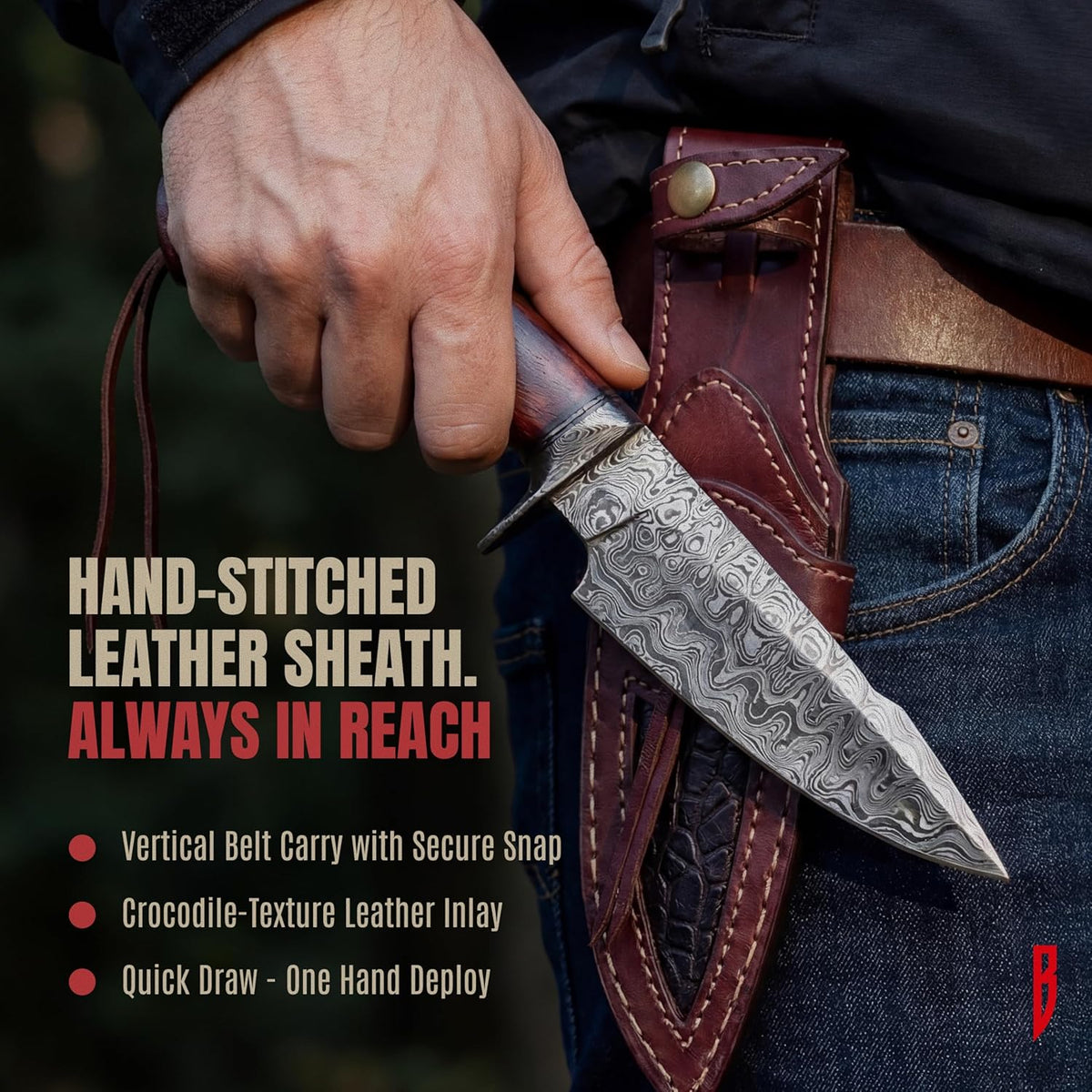 BIGCAT ROAR Predator Hunter - Patented Handmade Damascus Steel Fixed Blade Hunting Knife 10" - Walnut Wood Handle & Leather Sheath - Bushcraft Outdoor Skinning & Survival Knife - Collector Men Gifts